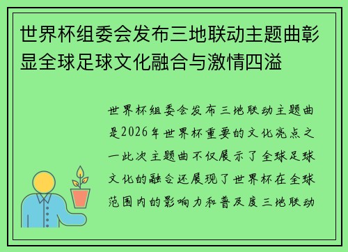 世界杯组委会发布三地联动主题曲彰显全球足球文化融合与激情四溢 世界杯组委会发布三地联动主题曲彰显全球足球文化融合与激情四溢